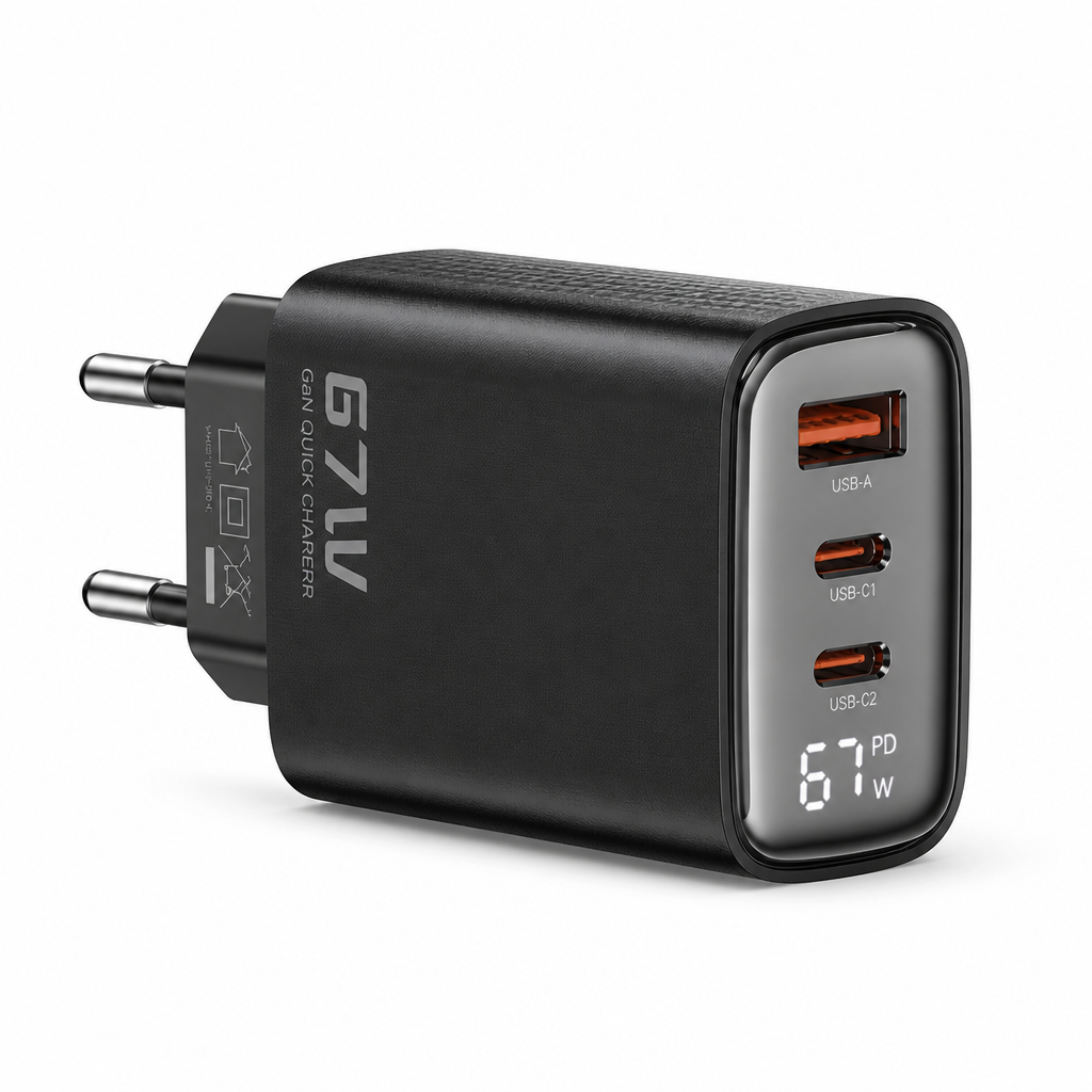 67W GaN Fast Charger with Digital Display – Triple Port 2 x USB-C + USB-A