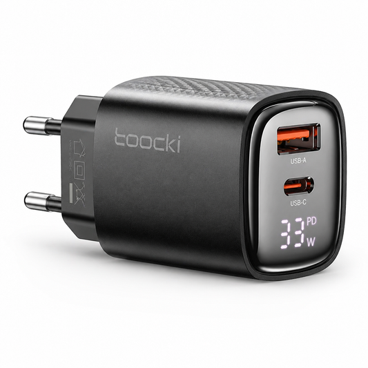 33W GaN Fast Charger with Digital Display – Dual Port USB-C + USB-A